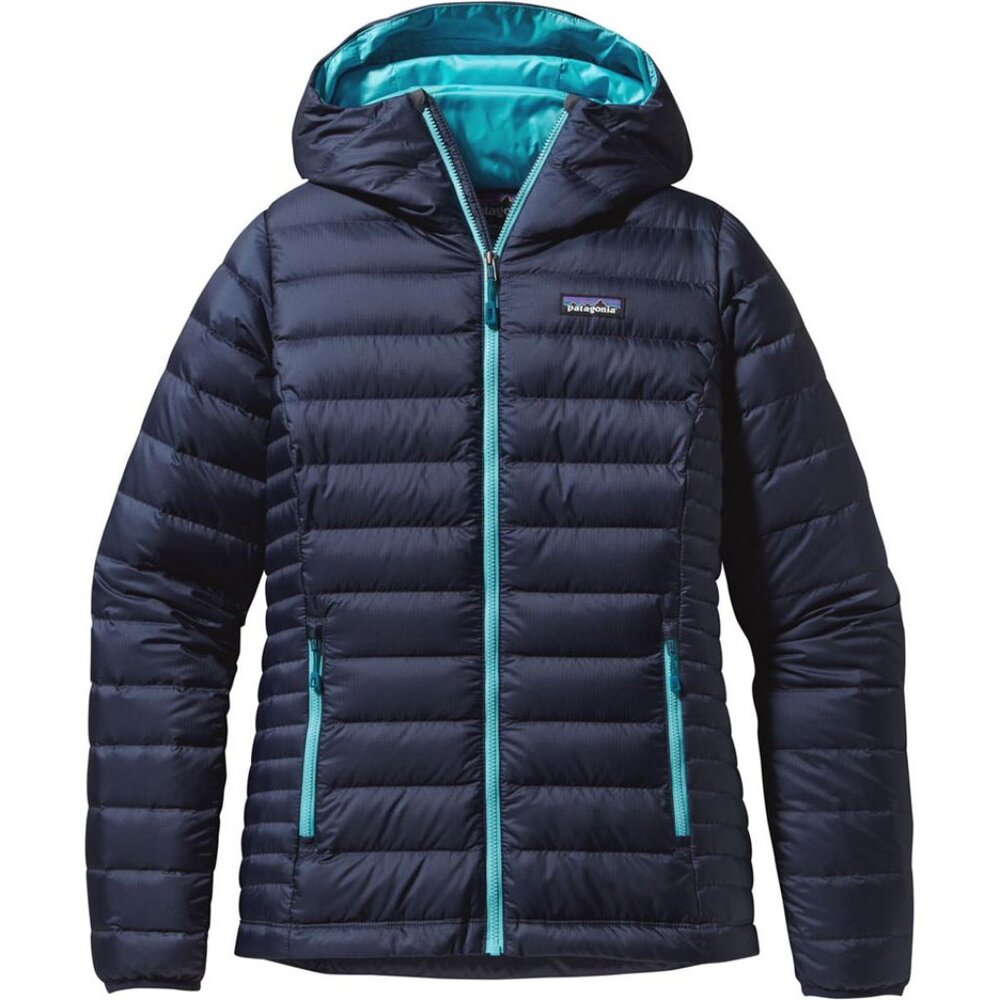 NWT Patagonia Down Sweater Hoody Jacket Navy Blue /Turquoise Wm's Lg
